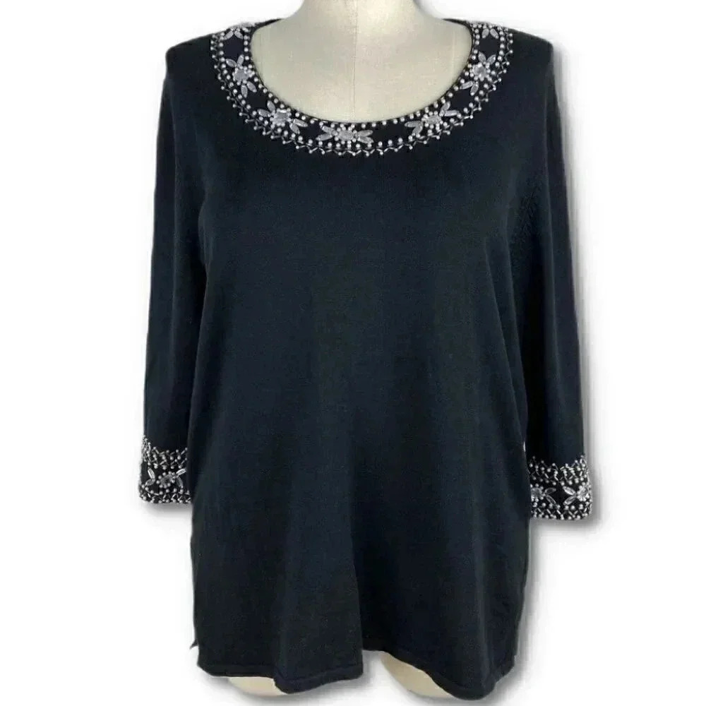 New Bob Mackie womens wearable art knit sweater size XL black beaded